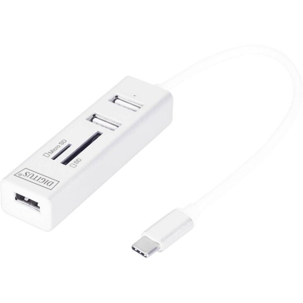 Digitus DA-70243 3 porty USB 2.0 hub s konektorom USB C, s hliníkovým krytom, s funkciou OTG, so zabudovanou čítačkou SD kariet, kovový ukazovateľ hliník; DA-70243