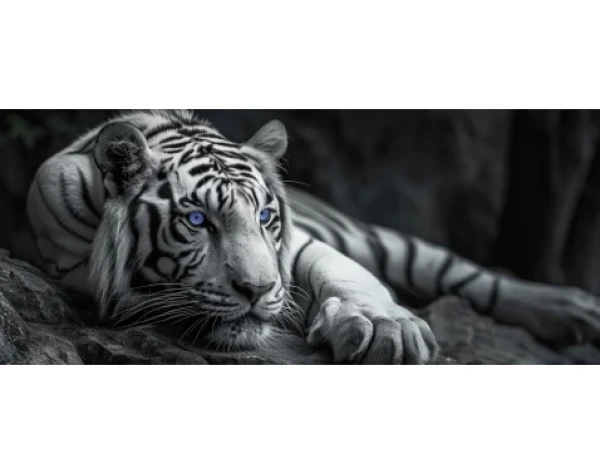Panoramatický obraz na plátne Čiernobiely tiger s modrými očami, 140x60 cm%
