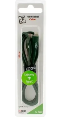2GO zelená / Nabíjací a dátový kábel / USB-C na Lightning / 1 m / nylon (797312)