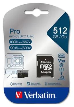 Verbatim MicroSDXC Pro 512 GB + Adaptér / Pamäťová karta / UHS-I (U3) / V30 / R: 100 MB/s / W: 90 MB/s (47046)