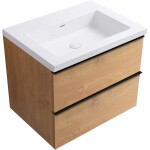 CERANO - Kúpeľňová skrinka Velora - dub medový, úchytka čierna + umývadlo z lit. mramoru Ovo - biela lesklá - 70,5x58x46,5 CER-980009