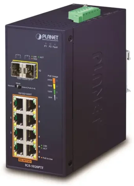 Planet Switch priemyselný 8- Port GE PoE+ / Switch / 8x GbE RJ-45 PoE+ 240W / 2x SFP 100/1000X / DIN lišta / -40~75°C (IGS-1020PTF)