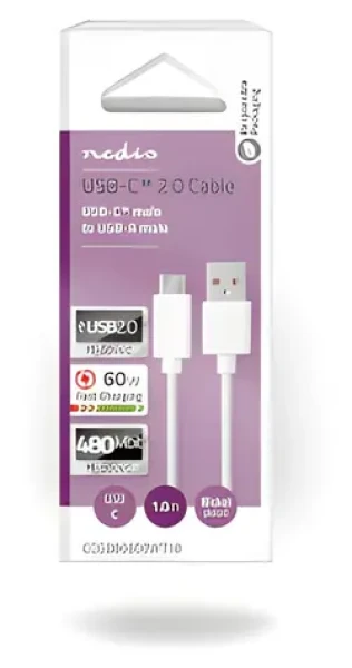 Nedis USB 2.0 kábel čierna / Kábel USB / USB-C - USB-C / 60 W / 480 Mbps / 1 m (CCGB60600WT10)