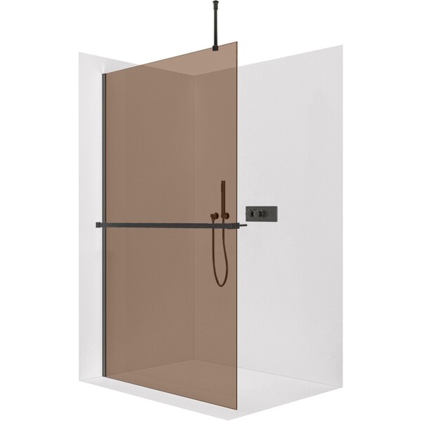 CERANO - Sprchová zástena Walk-in Onyx Top Round Ľ/P - 8 mm - okrúhla vzpera + polička/držiak na uteráky - čierna matná, bronzové sklo - 130x200 CER-690097