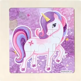 Drevené puzzle Fialový jednorožec 9 dielikov