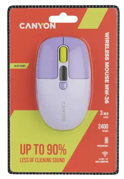Canyon MW-26 fialová / Optická bezdrôtová myš / tichá / 800-1200-1600-2400 DPI / 6 tlačidiel / BT + 2,4 GHz (CNS-CMSW26V)