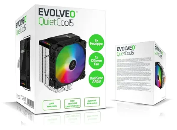 Evolveo QuietCool5 čierna / Chladič CPU / 6x heatpipe / 120mm ventilátor / ARGB / TDP 240W (QUIETCOOL5-BK)