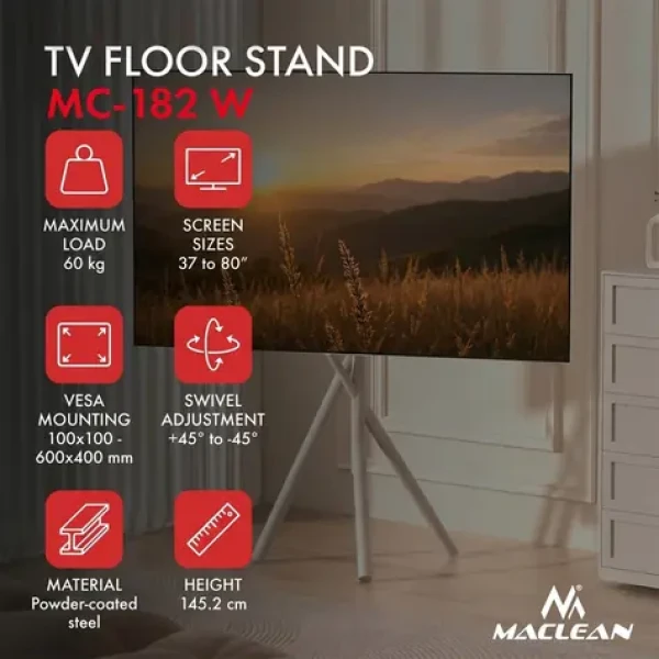 Maclean MC-182 W biela / Mobilný podlahový stojan pre TV / 37-80" / VESA 100x100-600x400 / nosnosť 60 kg (MC-182 W)