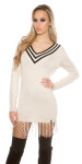 Trendy KouCla V-Cut knit derss with fringe BEIGE Einheitsgroesse