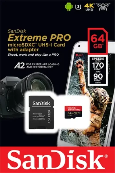 SanDisk Extreme Pre microSDXC 64GB / UHS-I U3 V30 / čítanie: 170 MBs / zápis: 90MBs / vhodné pre 4K (SDSQXCY-064G-GN6MA)