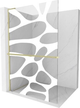 MEXEN/S - Kioto+ L Sprchová zástena WALK-IN s poličkou a držiakom uterákov 70 x 200, biely vzor, zlato kartáčovaná 800-070-123-55-97