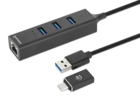 Manhattan Kombo-hub USB-C/USB-A s LAN adaptérom čierny / USB hub / 3x USB-A 3.2 Gen 1 / Gigabit LAN / 5 Gbps (180894)