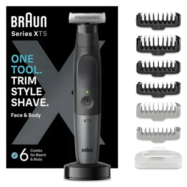 Braun Series XT5300 čierna / Holiaci strojček / vodeodolný / 45 min prevádzka / zastrihávač na tvár i telo / 6 nástavcov (XT5300)