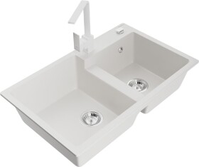 MEXEN/S - Tomas granitový drez 2-bowl vrátane batérie Rita, biela 6516-20-670300-20