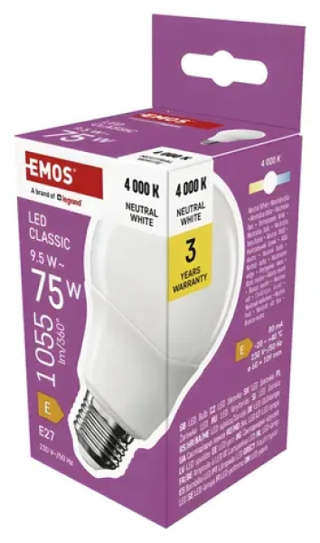 Emos LED žiarovka Classic A60 9,5 W / 75 W E27 / neutrálna biela / 1055 lm (1525733473)