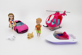 Mamido Mamido Mini bábiky Leo a Nini s autom, loďou, vrtuľníkom a psíkmi