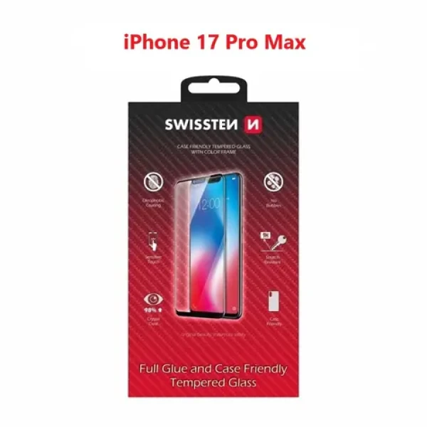 Swissten FULL GLUE COLOR FRAME CASE FRIENDLY sklo pre Apple iPhone 17 Pro Max čierna (54501884)
