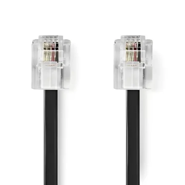 Nedis telefónny kábel RJ11-RJ11 plochý čierny / Telefónny kábel / RJ11-RJ11 / pozlátené konektory / 10 m (TCGL90200BK100)