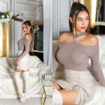 Sexy KouCla ripp jumper with cut out & rhinestones KHAKI Einheitsgroesse