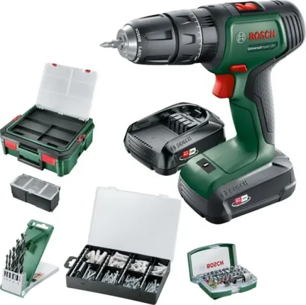 BOSCH UniversalImpact 18V zelená/čierna / Aku vŕtací skrutkovač / 1450 ot/min / 34 Nm / 10mm skľučovadlo / 2x1,5 Ah (06039D4103)