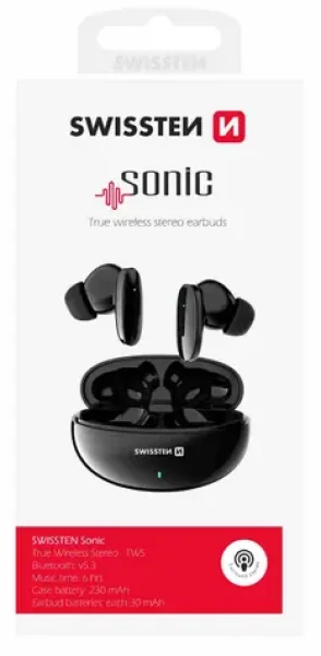 Swissten SONIC TWS čierna / Bluetooth slúchadlá / BT 5.3 / 2x 30 mAh / 230 mAh (54400211)