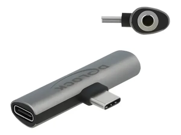 DeLock USB-C audio adaptér šedá / Redukcia / USB-C + Jack 3,5 mm USB-C nabíjanie / PD 3.0 20V/3A (60W) (64186)