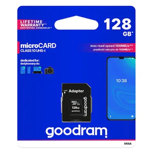 Goodram microSDXC 128GB + adaptér / Class 10 / UHS-I U1 / R: 100 MBs / W: 10 MBs (M1AA-1280R12)