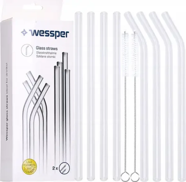 Wessper WES258 / Sada sklenených slamiek / 8 ks + 2 čistiace kefky