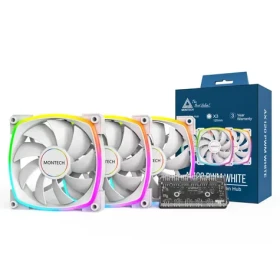 Montech AX120 PWM ARGB 3ks + porthub biela / 120mm / 27 dB @ 1600 RPM / 59 CFM / 4-pin PWM + 3-pin (AX120 3 IN 1 PACK (W))