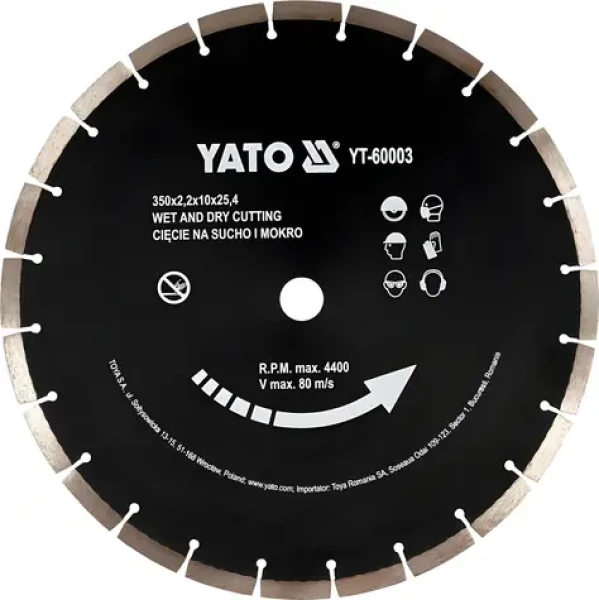YATO Rezný kotúč diamantový segmentovaný 350x25,4x3,4 mm / Rezný kotúč / betón, murivo, kameň / max. 4400 ot/min (YT-60003)