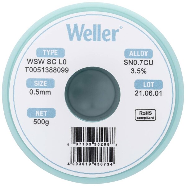 Weller WSW SC L0 spájkovací cín bez olova cievka Sn0,7Cu 500 g 0.5 mm; T0051388099