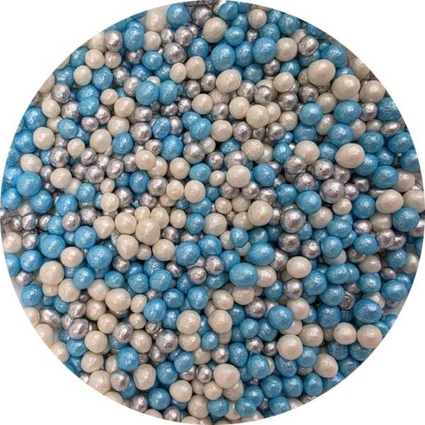Cukrovo-ryžové perly, mix modro‑bielo‑strieborný, 5 mm, 80 g - I LOVE CAKES - I LOVE CAKES