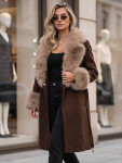 Dámsky kabát s odnímateľným kožušinovým golierom, hnedý, FashionStreet TY6073 L