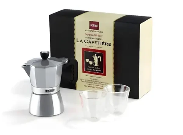 La Cafetiere Classic Espresso darčeková sada strieborná / Sada: moka kanvica + 2 poháre na espresso / 3 šálky