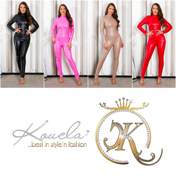 Sexy Koucla faux leather long sleeve jumpsuit red L