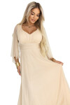 655-4 Dlhé ľahké trblietavé šaty s véčkovým výstrihom a priehľadnými rukávmi - béžovo-šampanská UNI