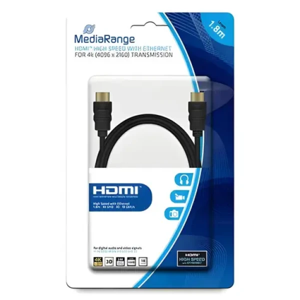 MediaRange čierna / HDMI kábel / High Speed 18 Gbps / Ethernet / pozlátené konektory / 1,8 m (MRCS156)