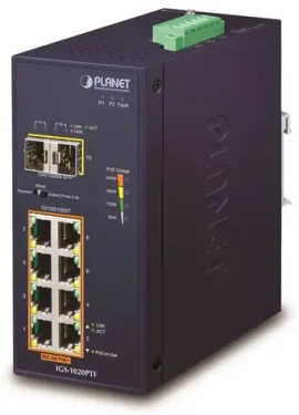 Planet Switch priemyselný 8- Port GE PoE+ / Switch / 8x GbE RJ-45 PoE+ 240W / 2x SFP 100/1000X / DIN lišta / -40~75°C (IGS-1020PTF)