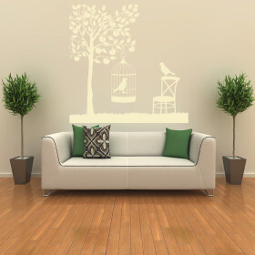 Veselá Stena Samolepka Vtáčik v klietke Farba: béžová, Veľkosť: 80 x 80 cm