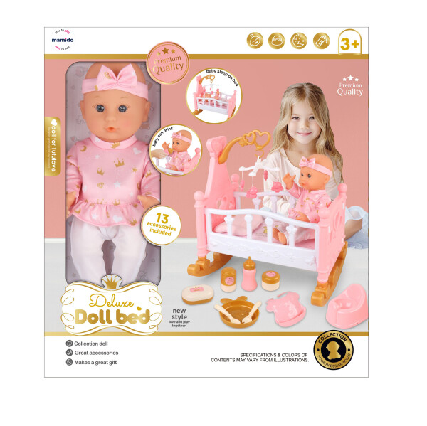 Mamido Mamido Bábika bábätko s kolískou Deluxe s 13 doplnkami MT1200