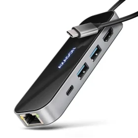 Axagon HMC-6GLN, USB 5Gbps húb, 2x USB-A, USB-C, HDMI 4k/60Hz, RJ-45 GLAN, PD 100W, kábel USB-C 20cm (HMC-6GLN)