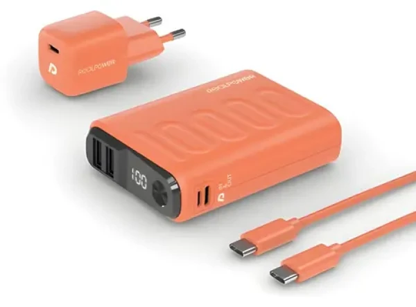 RealPower PB-10000 Set oranžová / Powerbanka 10000 mAh / LED displej / USB-C PD / 22,5 W / vr. nabíjačky a kábla (390660)