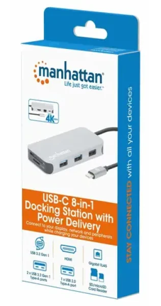 Manhattan USB-C 8v1 dokovacia stanica strieborná / Dokovacia stanica / HDMI 4K / RJ45 / 3x USB-A / PD 100W (130615)