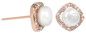 JwL Luxury Pearls Strieborné Rosegold náušnice s pravou bielou perlou a kryštály JL0252