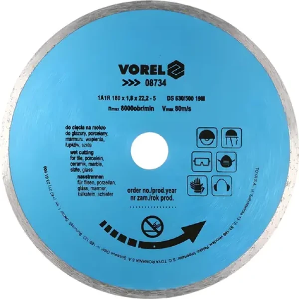 Vorel Kotúč diamantový rezný celoobvodový 180x22,2 mm / Rezný kotúč / plný / 1,8 mm