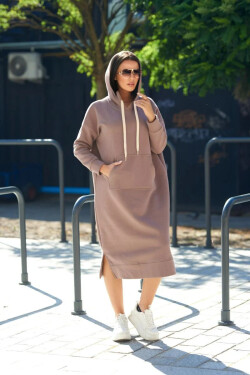 Dlhé šaty s kapucňou 9623 Tmavo béžová - K-Fashion UNI tmavě béžová