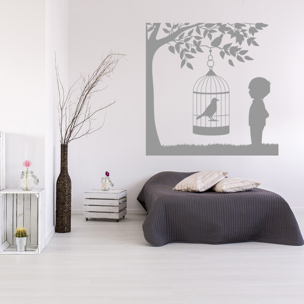 Veselá Stena Samolepka Vtáčik v klietke na strome Farba: šedá, Veľkosť: 40 x 40 cm