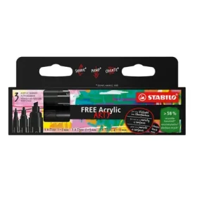 STABILO® FREE Acrylic - 3 ks súprava - 1x T100, T300, T800C - s 3 rôznymi hrotmi - čierna (691/693-3-746)