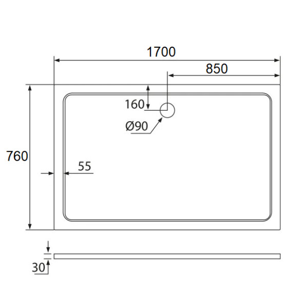 H K - THOR Sprchová vanička z liateho mramoru, obdĺžnik, 170x76x3 cm SE-THOR-17076