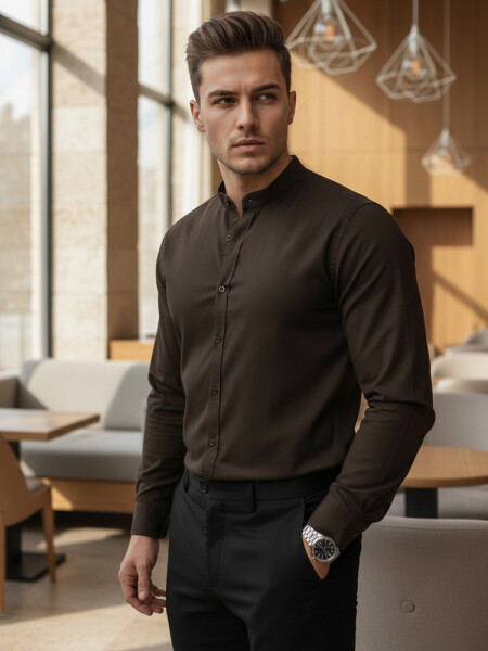 Pánska košeľa SLIM FIT so stojacím golierom hnedá FashionStreet DX2678 XL